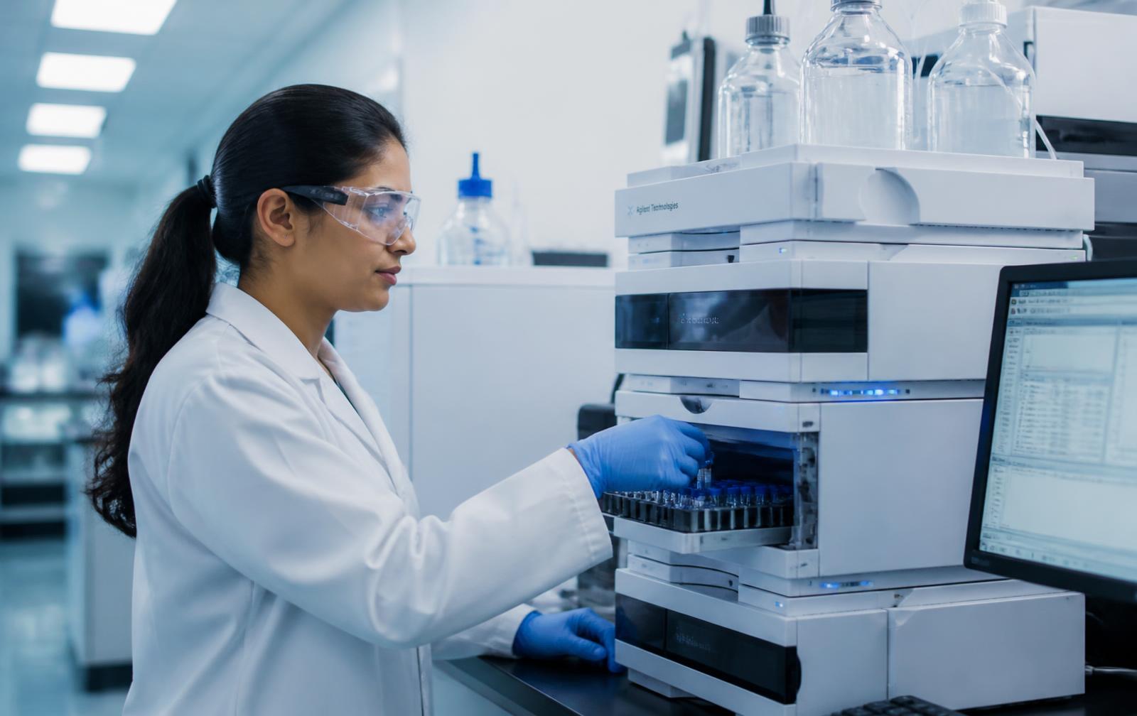 Cientista operando cromatógrafo HPLC em laboratório de análise de nitrosaminas